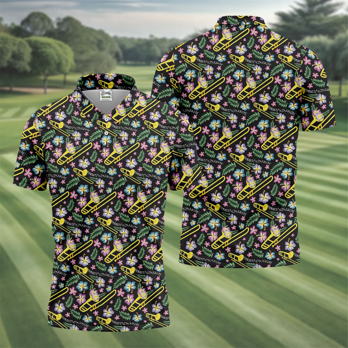 Trombones Floral Tropical Vibe Golf Tops For Men, Polo ShirtFor Men, Golf Shirts For Men