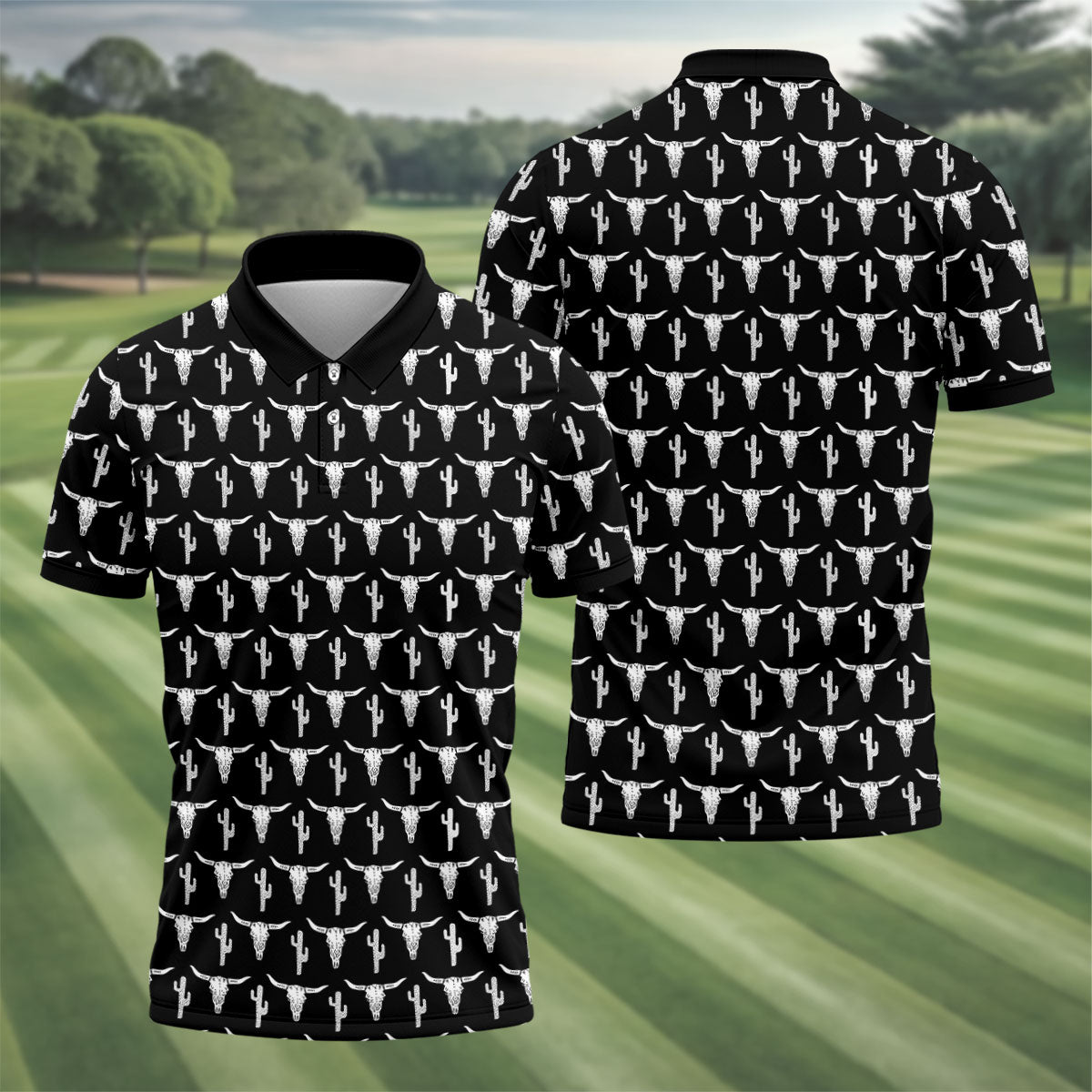 Longhorn Cow Skull Western Theme Black Golf Tops For Men, Polo Shirtor Men, Golf Shirts For Men