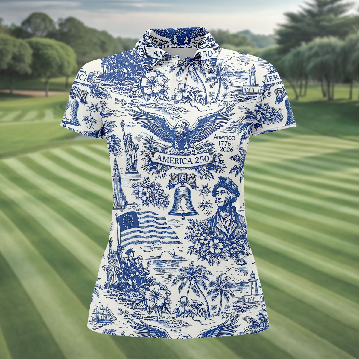 250th Anniversary Toile De Jouy American Symbols Vintage Golf Shirt, Patriotic 4th Of July Golf Shirt For Women
