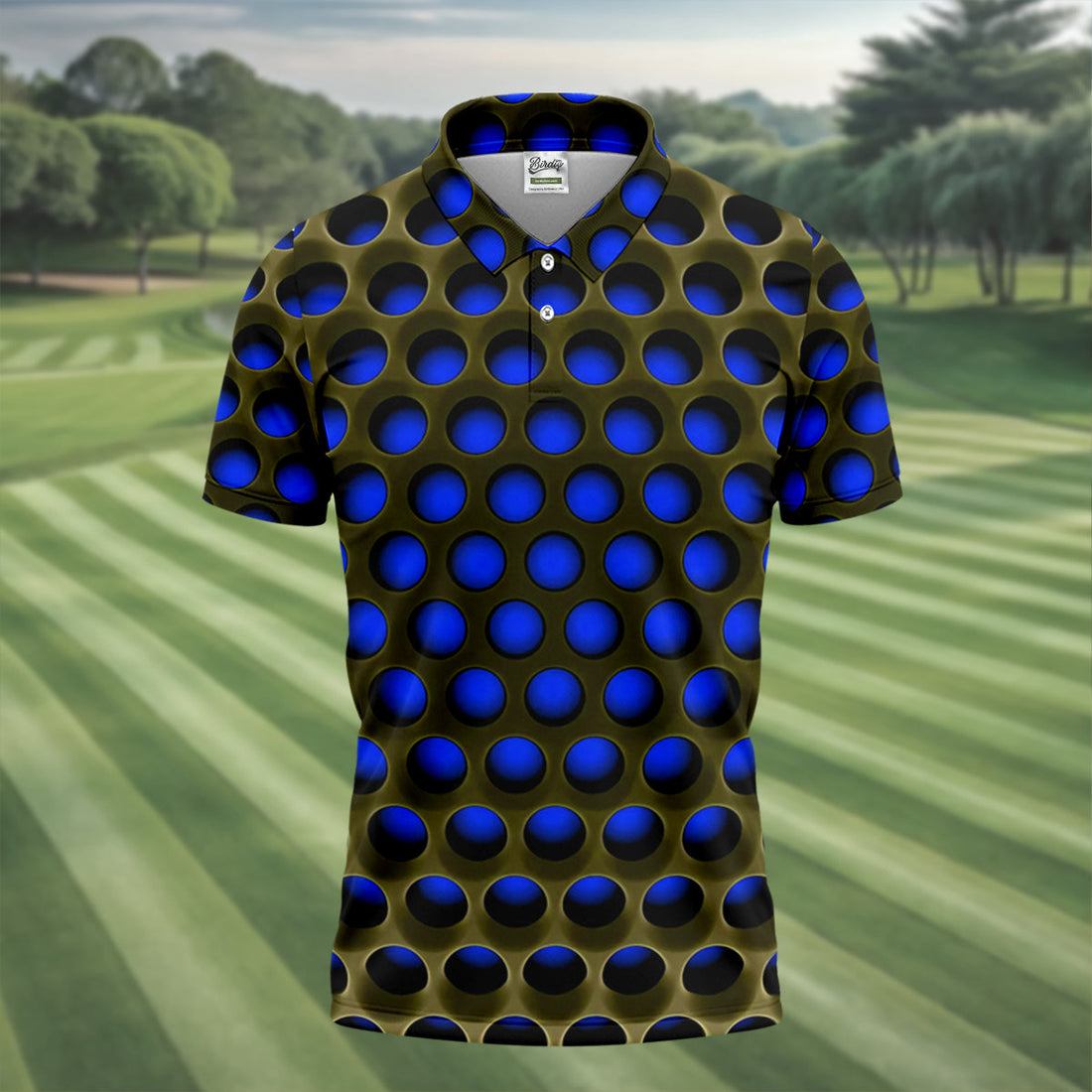 3D Effect Circular Pattern Navy Golf Shirt, Cool Golf Outfit, Men's Funny Golf Shirts, Polo ShirtFor Men