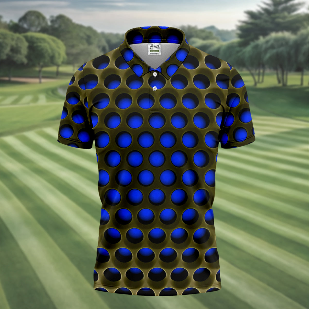 3D Effect Circular Pattern Navy Golf Shirt, Cool Golf Outfit, Men's Funny Golf Shirts, Polo ShirtFor Men