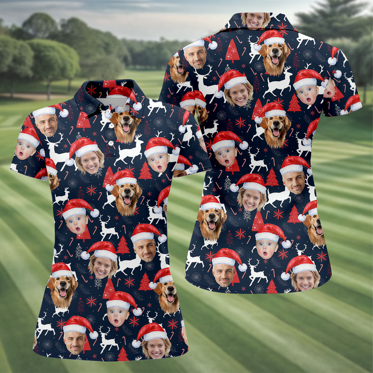 Custom Face Red And Navy Seamless Pattern Christmas Golf Shirt, Ladies Golf Shirts, Golf Gifts For Women