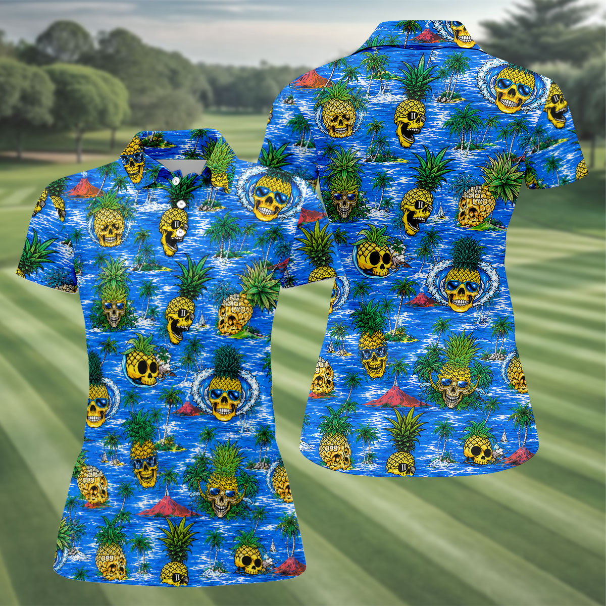 Pineapple Skull Island Ocean Hawaiian Golf Shirt, Hawaiian Golf Shirt, Golf Tops For Women