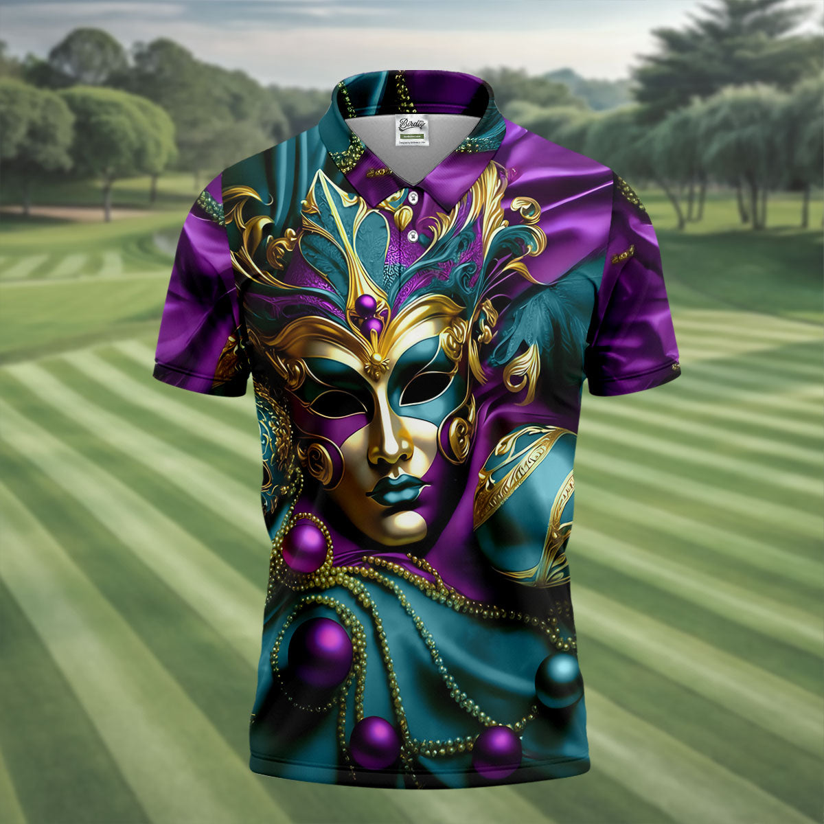 Mardi Gras Face Mask Turquoise Golf Shirt, Polo ShirtFor Men, Golf Shirts For Men, Polo For Men