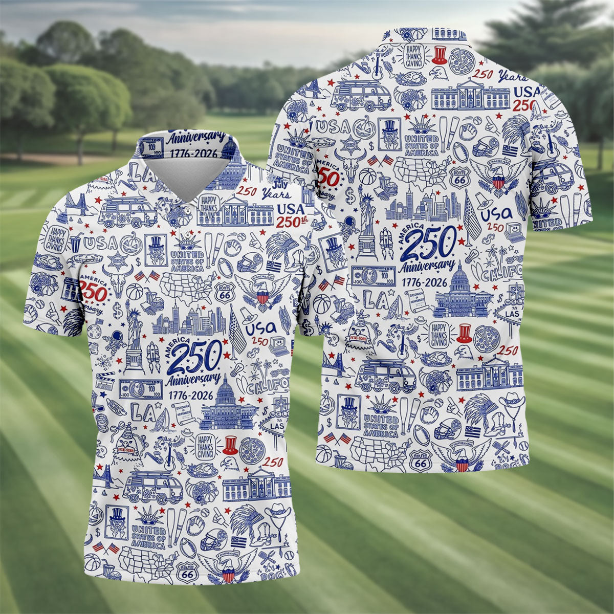America 250 Anniversary US Symbols Doodle Pattern Patriotic Golf Shirt, 4th Of July Golf Shirts For Men