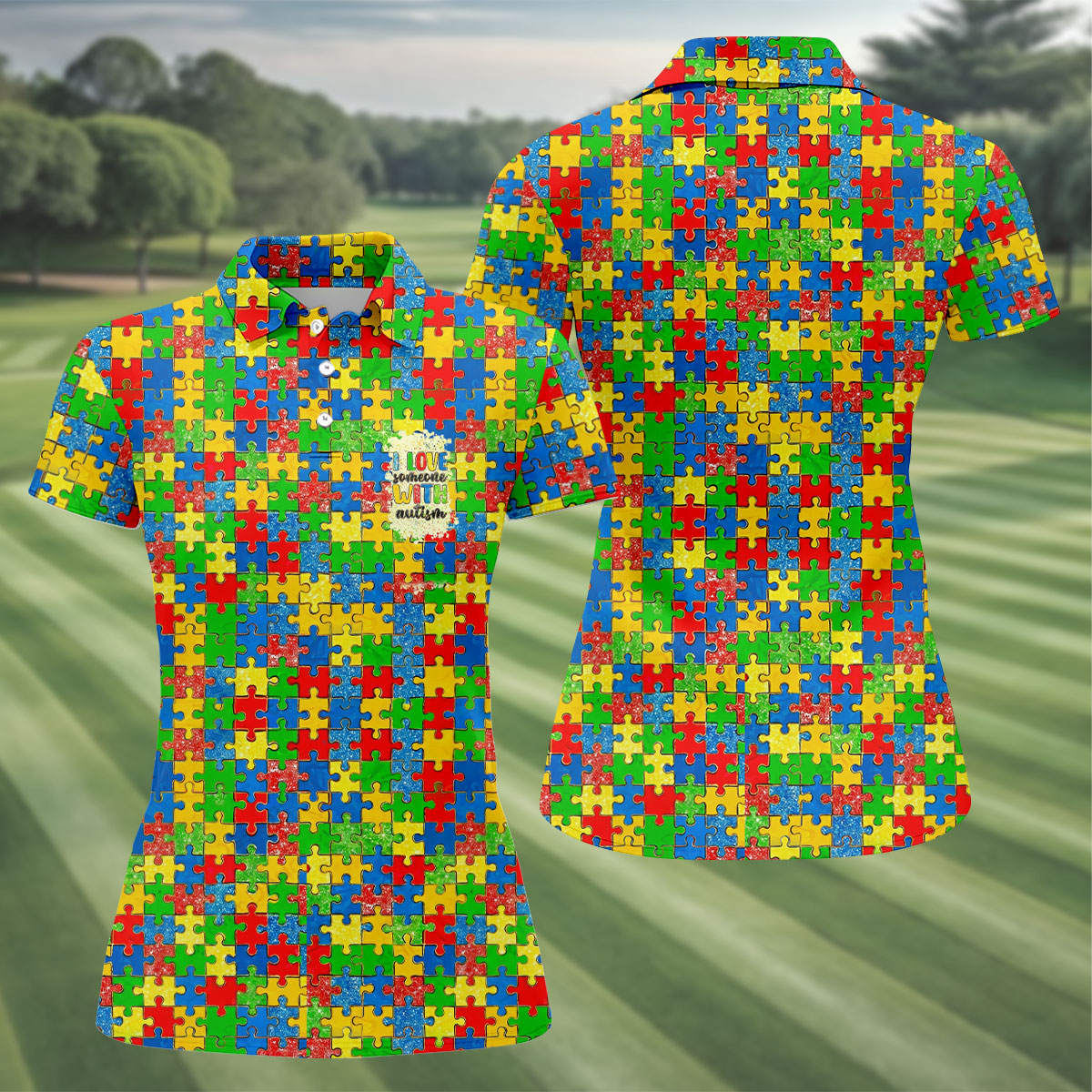 I Love Someone With Autism Colorful Puzzle Pattern Golf Shirt For Women, Autism Awareness Ladies Golf Polos