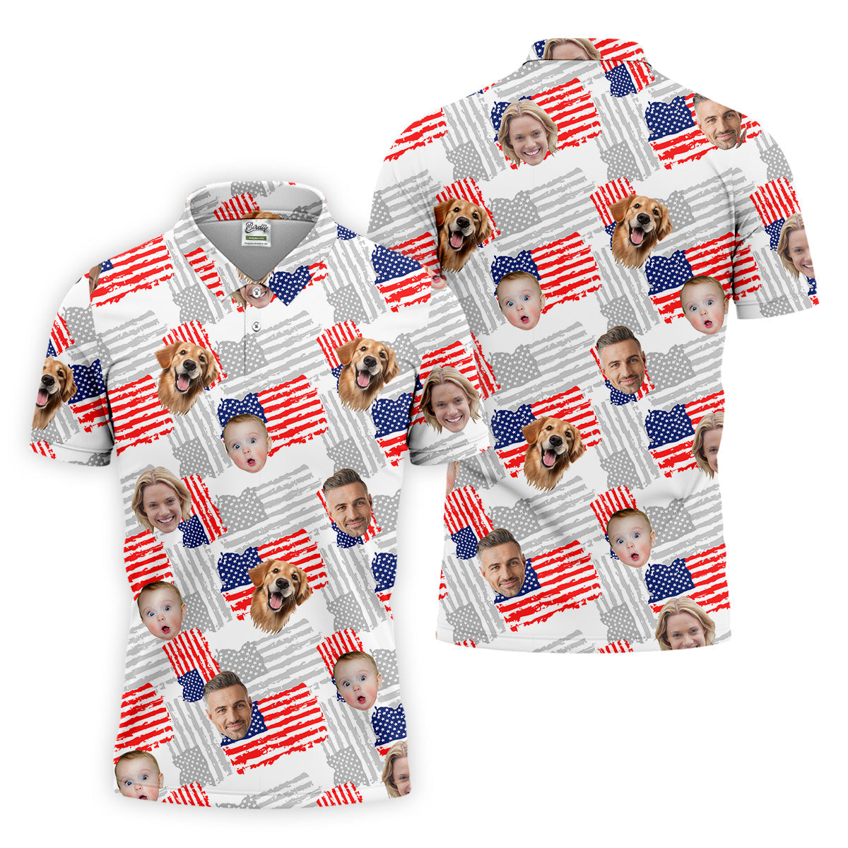 Custom American Flag Shirts With Faces, Funny 4th Of July Shirt, USA Golf Shirt, Men's Golf Polo Shirt