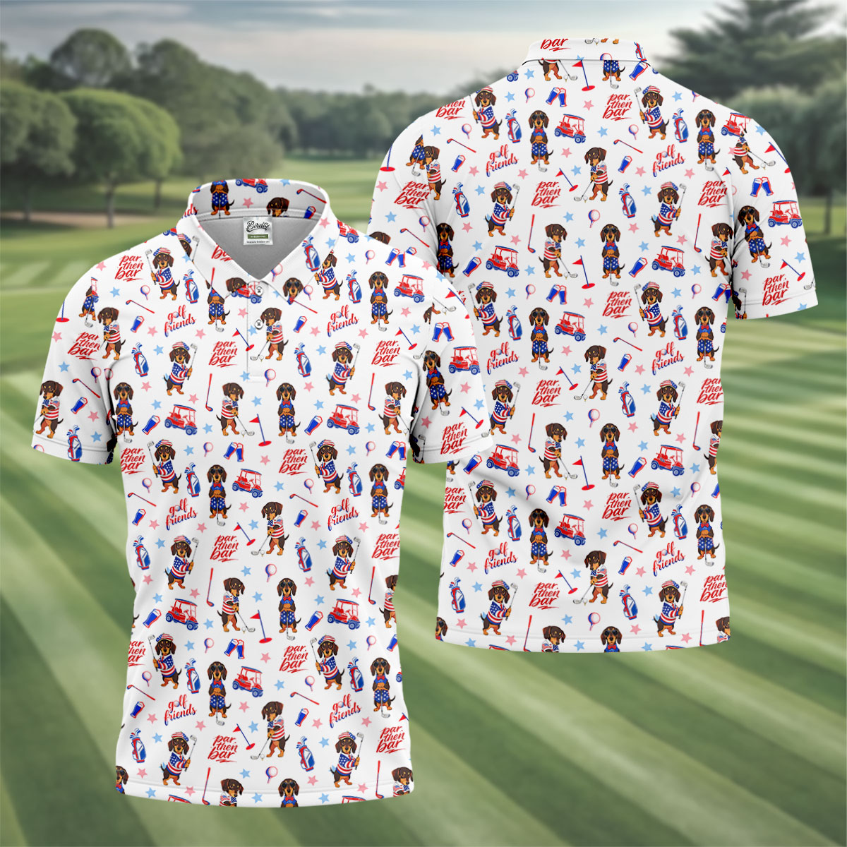 Par Then Bar Cute Dachshund Golf Pose 4th Of July Golf Shirts For Men, 250th Anniversary Patriotic Golf Shirt