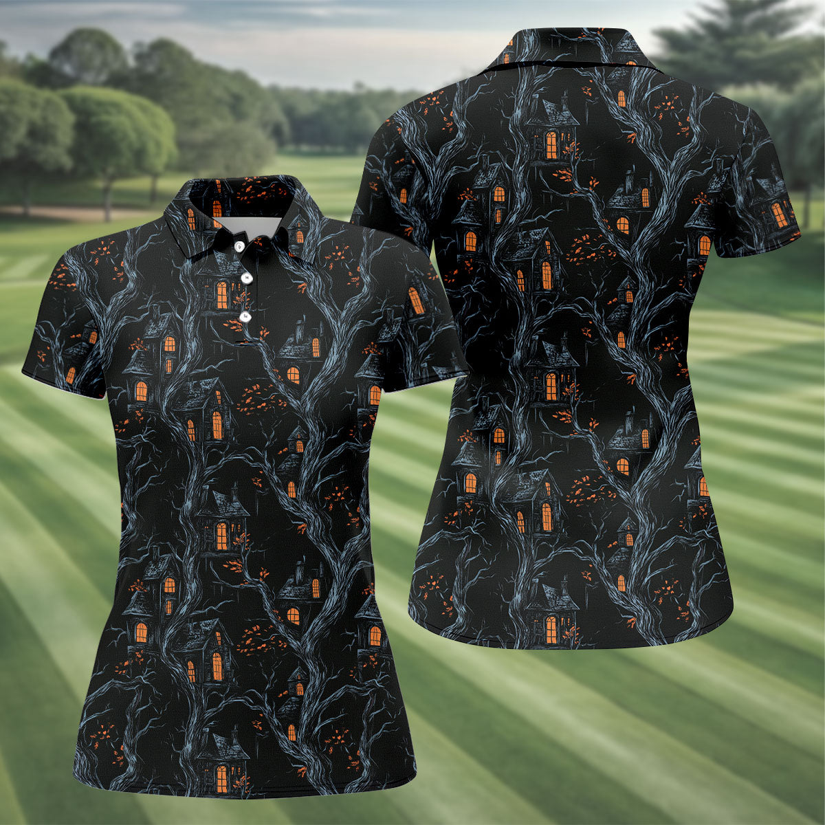 Haunted House Halloween Women Golf Top, Black Golf Polo ShirtLadies Golf Shirts, Golfing Apparel