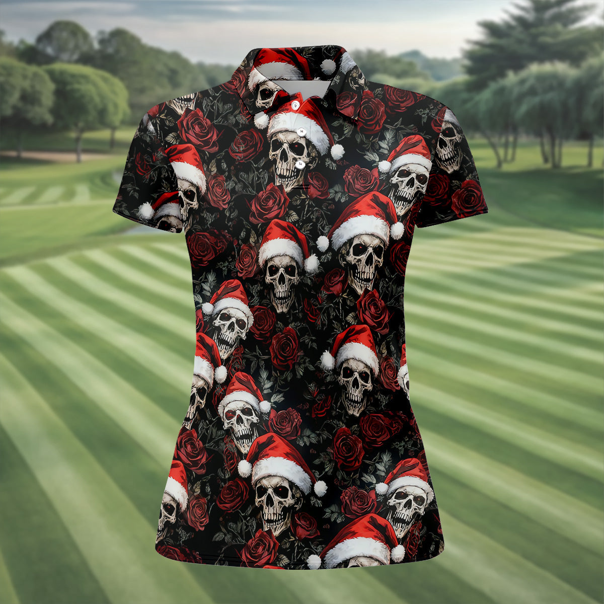 Vintage Skull And Roses Christmas Golf Shirt, Cool Golf Outfit, Ladies Golf Shirts, Women's Polo Shirt