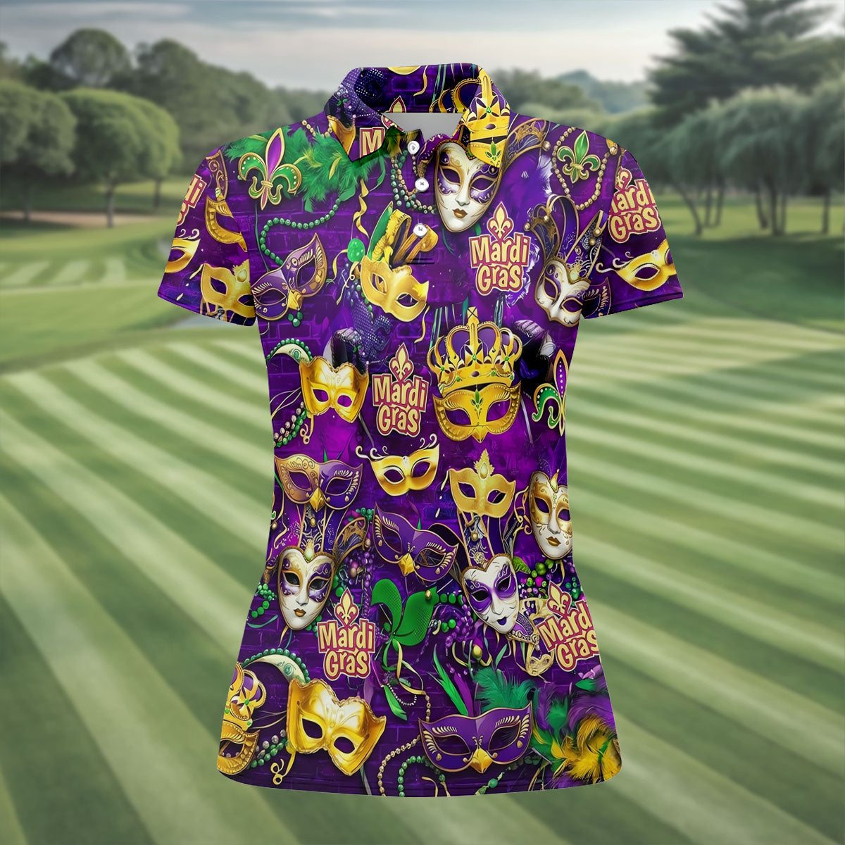 Purple Green Gold Festival Mask Mardi Gras Golf Shirt, Women's Golf Tops, Ladies Golf Polos