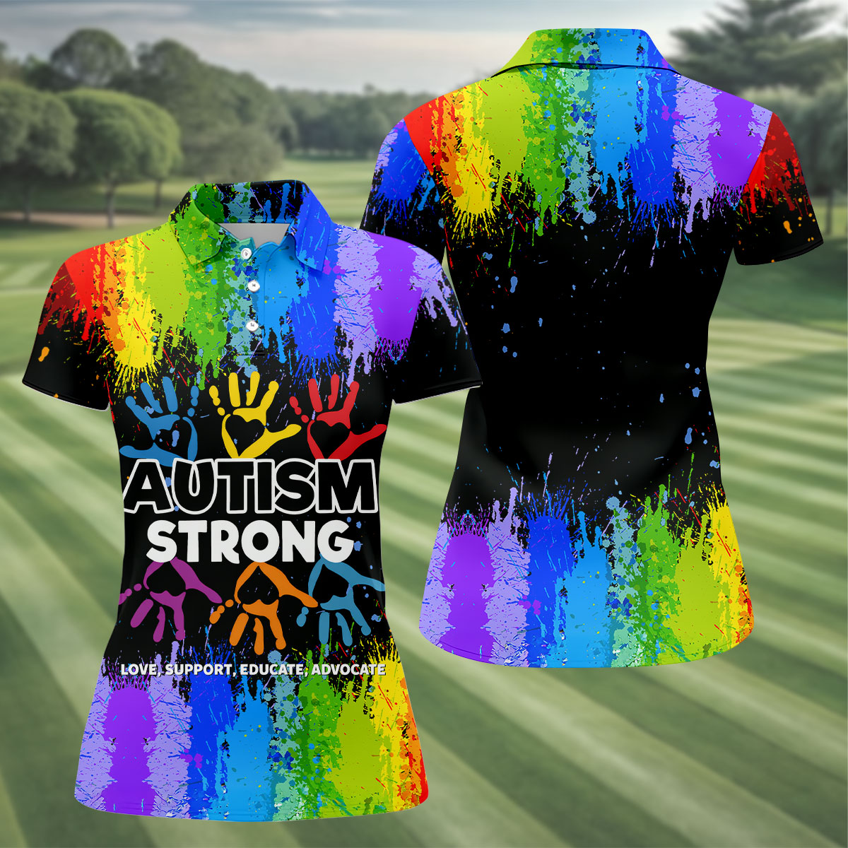Autism Strong Rainbow Paint Splatter Women's Golf Tops, Autism Awareness Colors Ladies Golf Polos