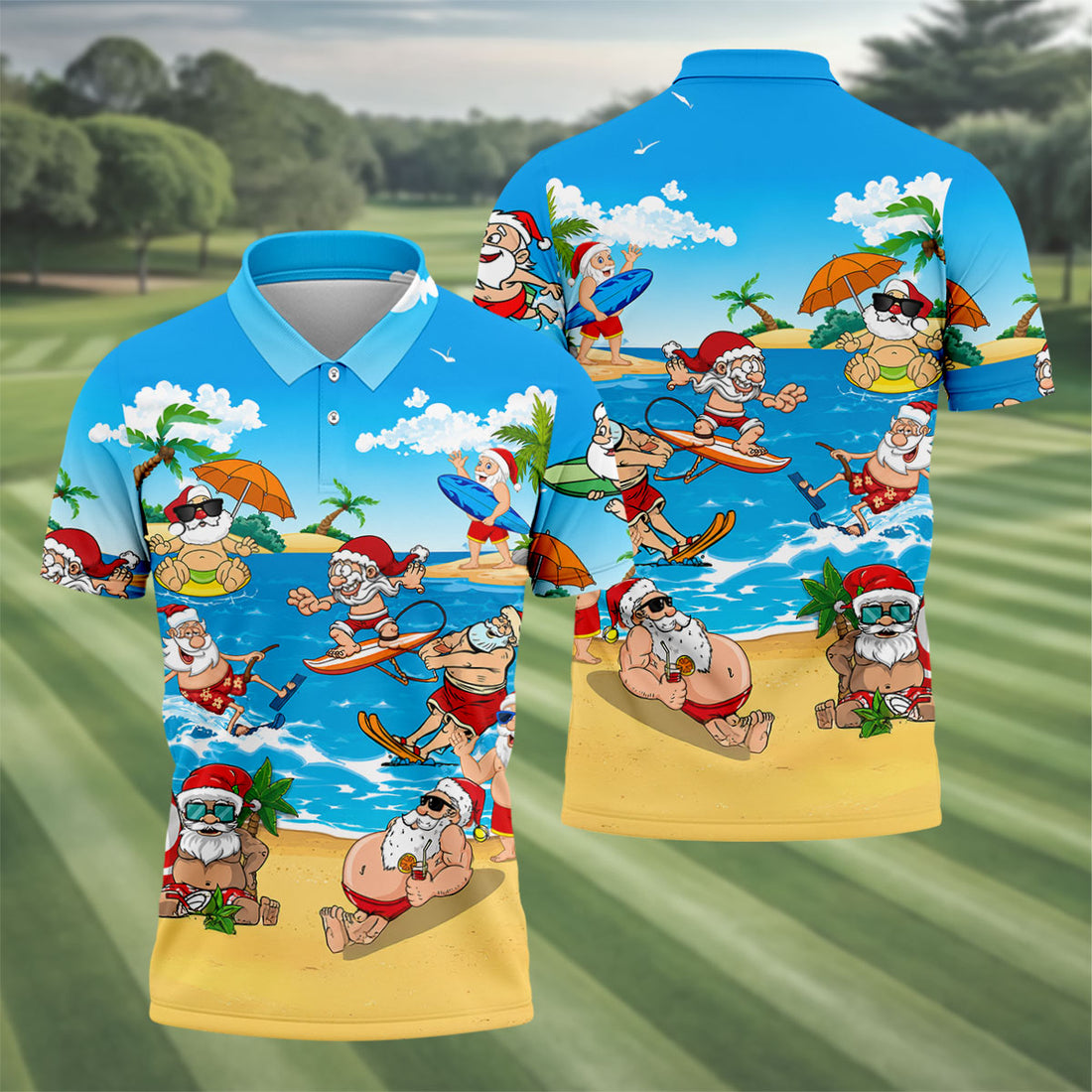 Santa Claus Summer Beach Party Golf Shirt, Mens Golf Polo, Printed Golf Shirts
