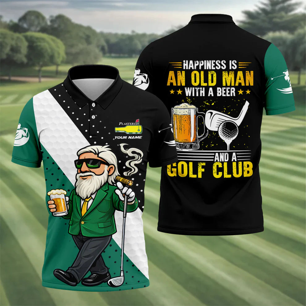 Happiness Is An Old Man With A Beer Plastered Beer Bottle Logo Golf Tops For Men, Golf And Beer Fun Golf Shirt