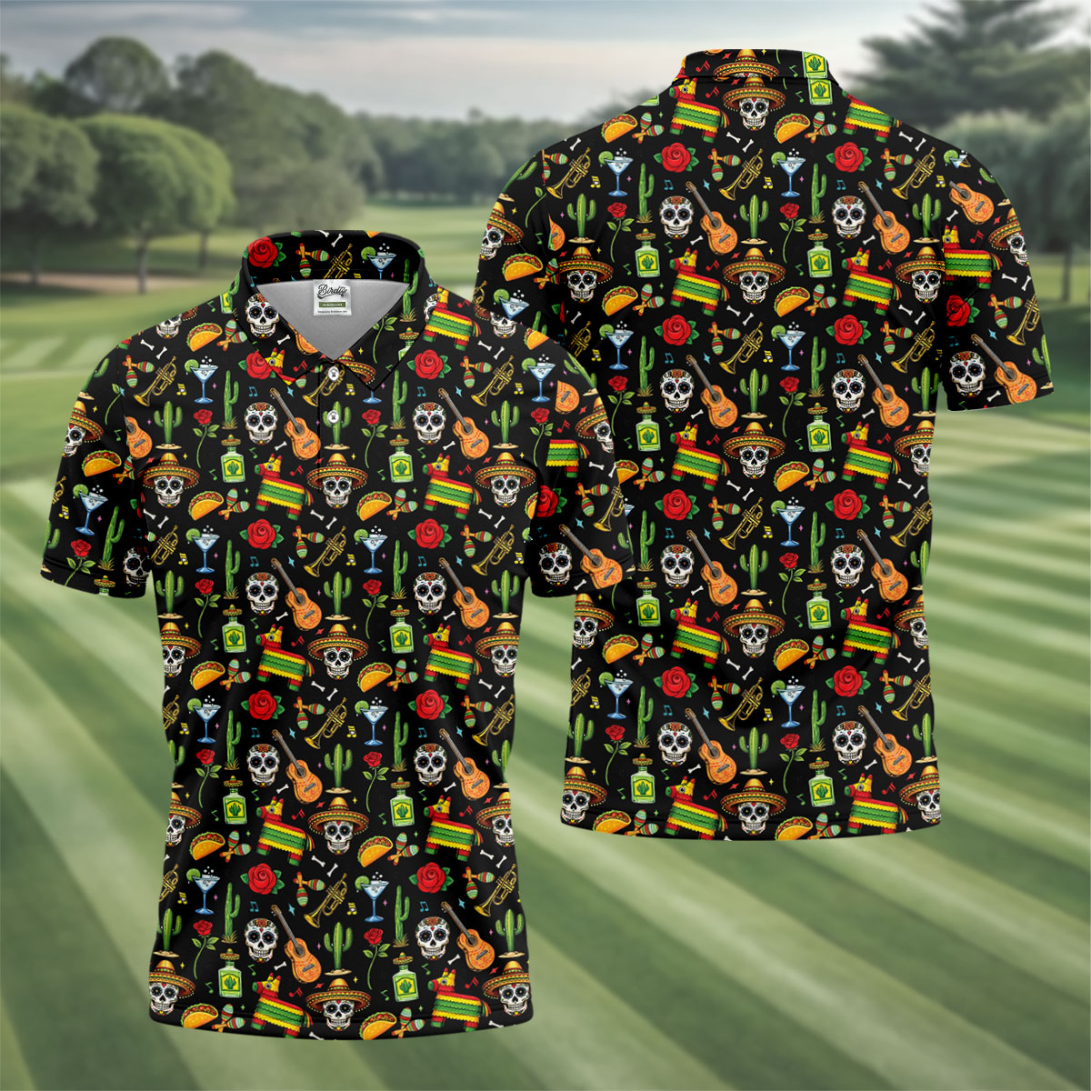 Decorated Skulls Party Items Cinco De Mayo Celebration Fiesta Themed Black Golf Shirts For Men