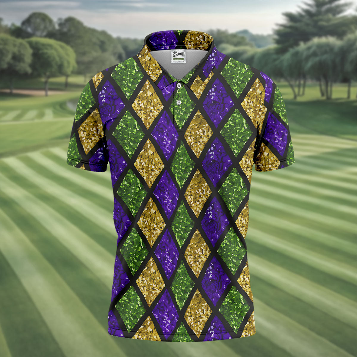 Green Purple Gold Argyle Pattern Sparkling Effect Mardi Gras Golf Shirt, Polo ShirtFor Men, Golf Shirts For Men