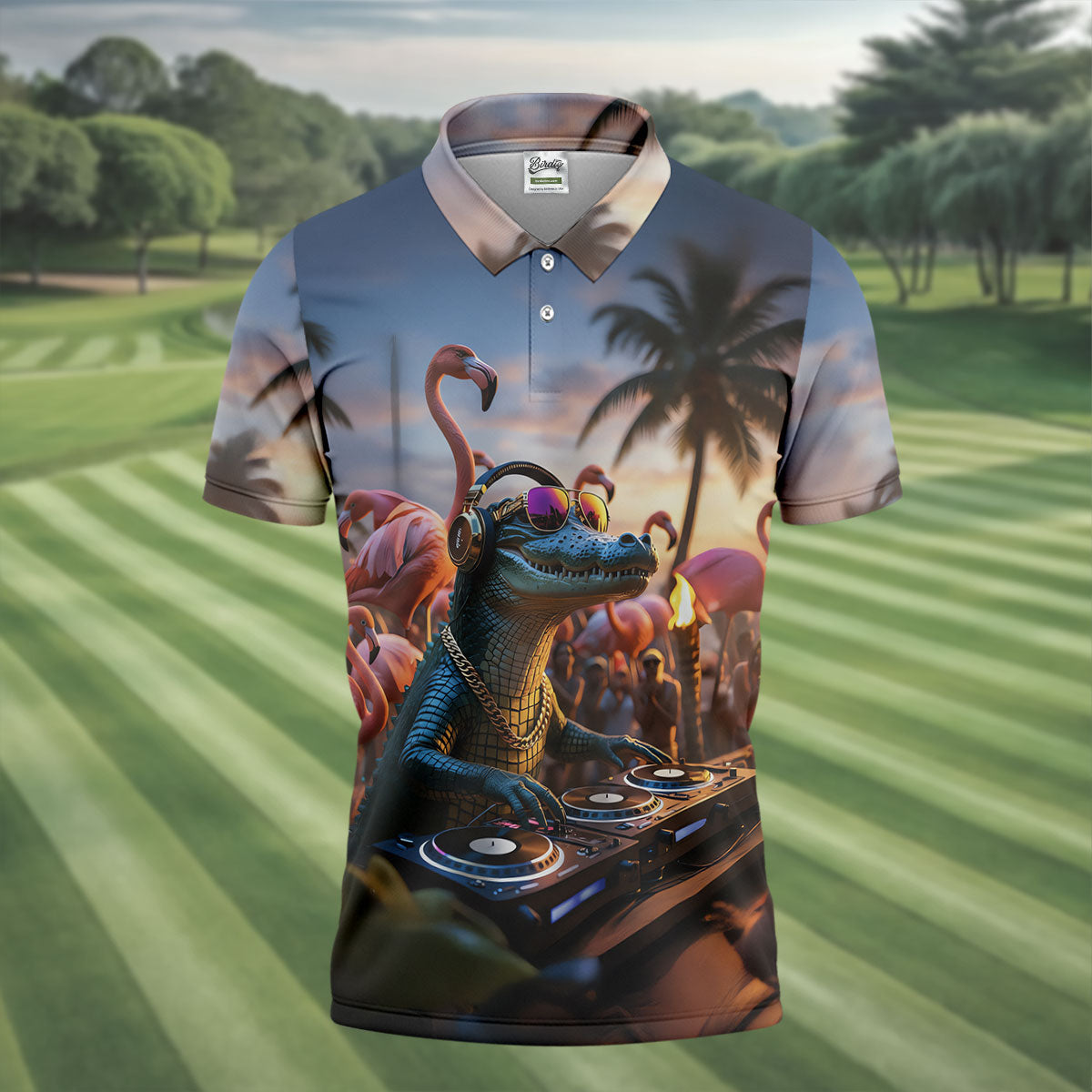 Funny Crocodile DJ Mardi Gras Festival Flamingo Golf Shirt, Polo ShirtFor Men, Golf Shirts For Men