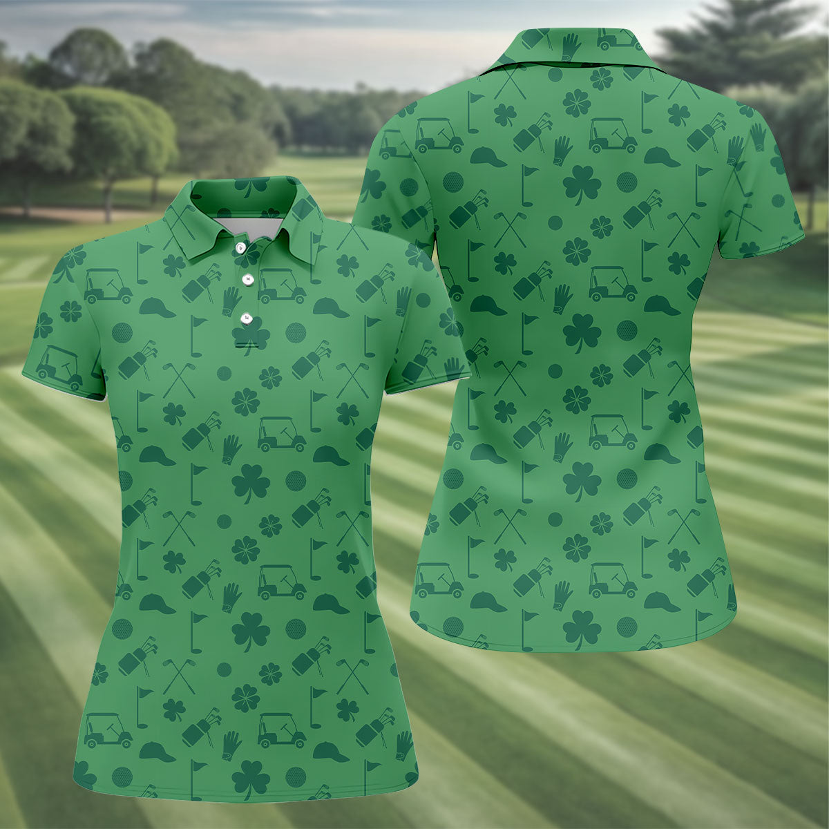 Dark Green Golf Items Seamless Pattern St. Patrick’s Day Shamrock Golf Shirt, Women's Golf Tops, Ladies Golf Polos