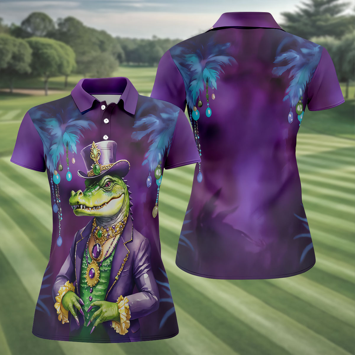 Mardi Gras Alligator Purple Golf Shirt, Fun Women's Golf Shirts, Women's Golf Tops, Ladies Golf Polos