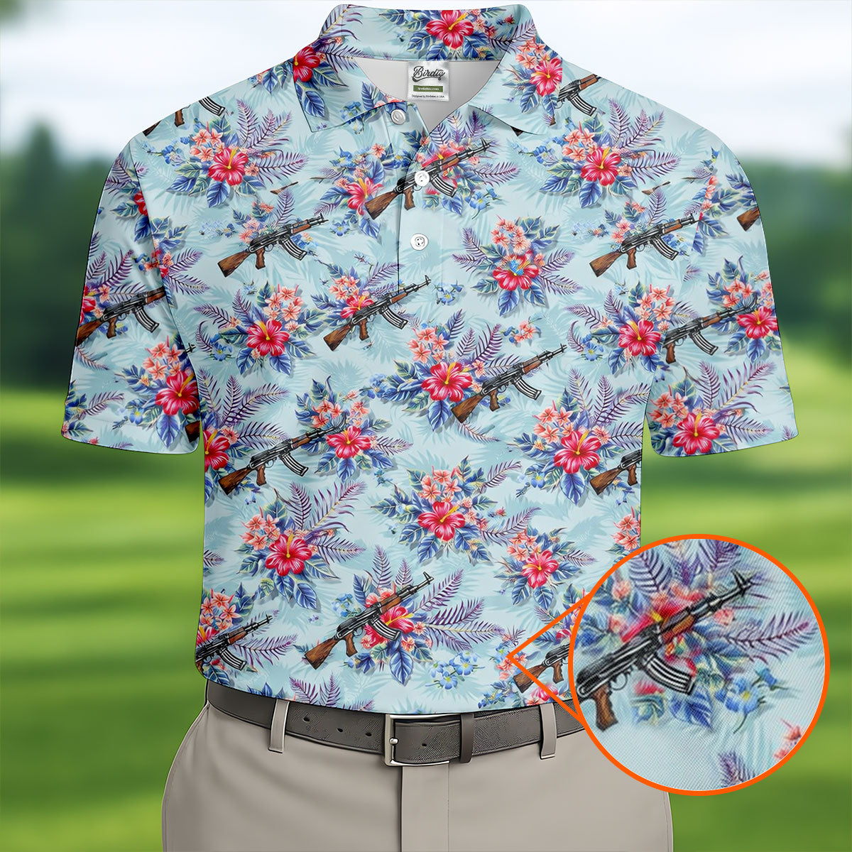 Hawaiian Floral Military Theme Light Blue Golf Shirt, Golf Shirts For Men, Polo ShirtFor Men