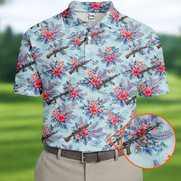 Hawaiian Floral Military Theme Light Blue Golf Shirt, Golf Shirts For Men, Polo ShirtFor Men