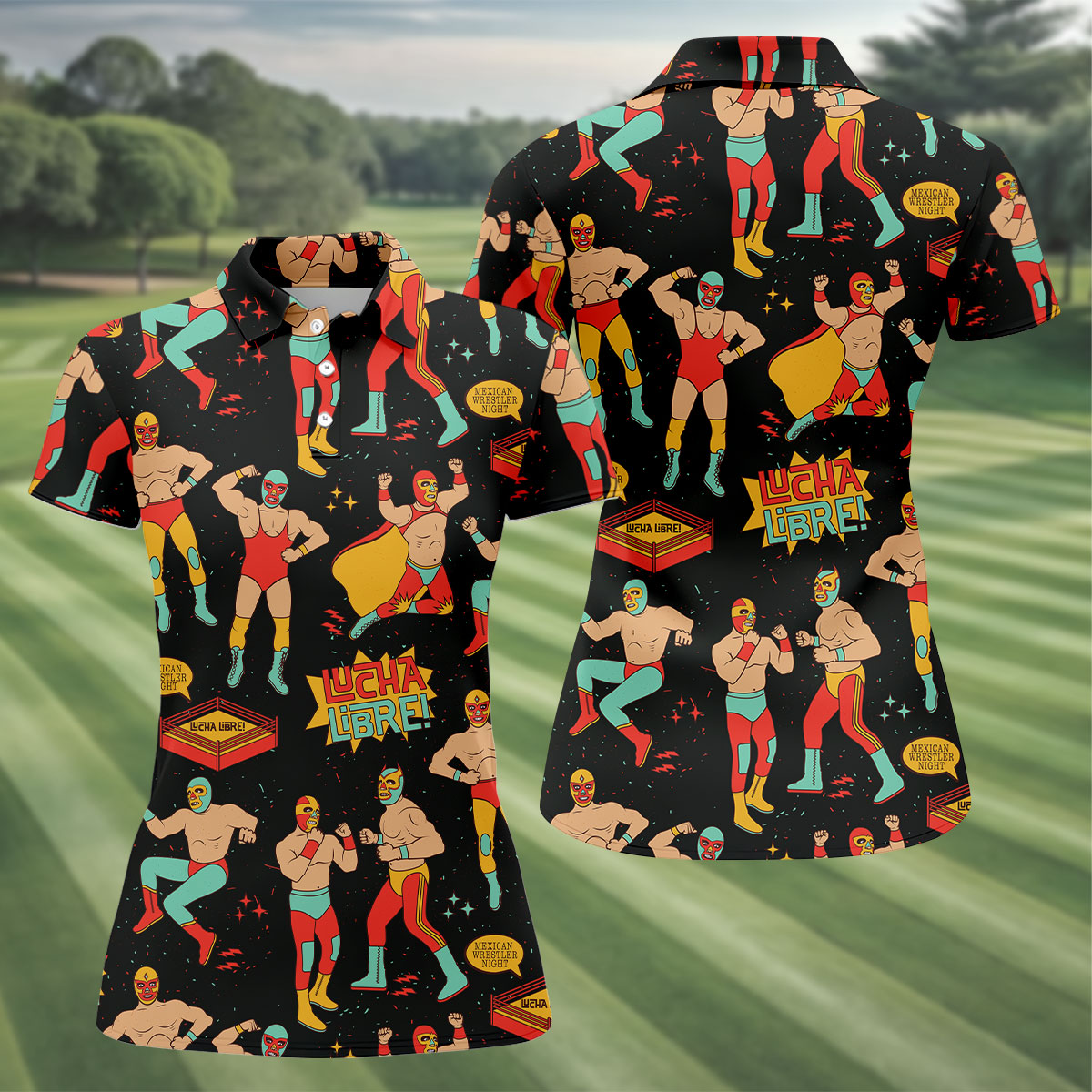 Black Lucha Libre Mexican Wrestler Pattern Golf Shirt, Ladies Golf Shirts, Golf Polo For Women
