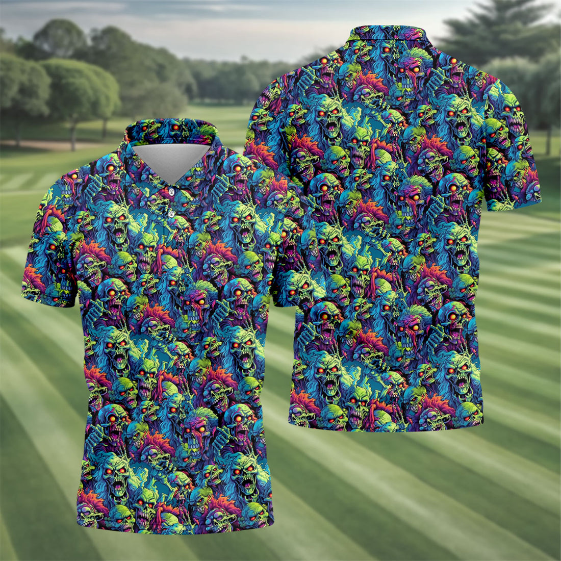 Colorful Zombie Head Pattern Halloween Golf Polo Shirt, Mens Golf Polo, Golf Shirts For Men