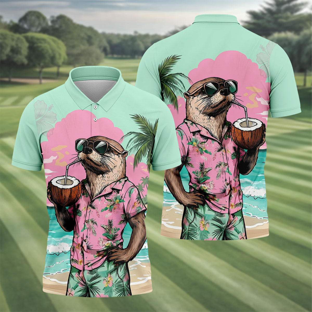 Funny Otter Tropical Summer Hawaiian Golf Shirt, Polo Shirtor Men, Golfing Apparel