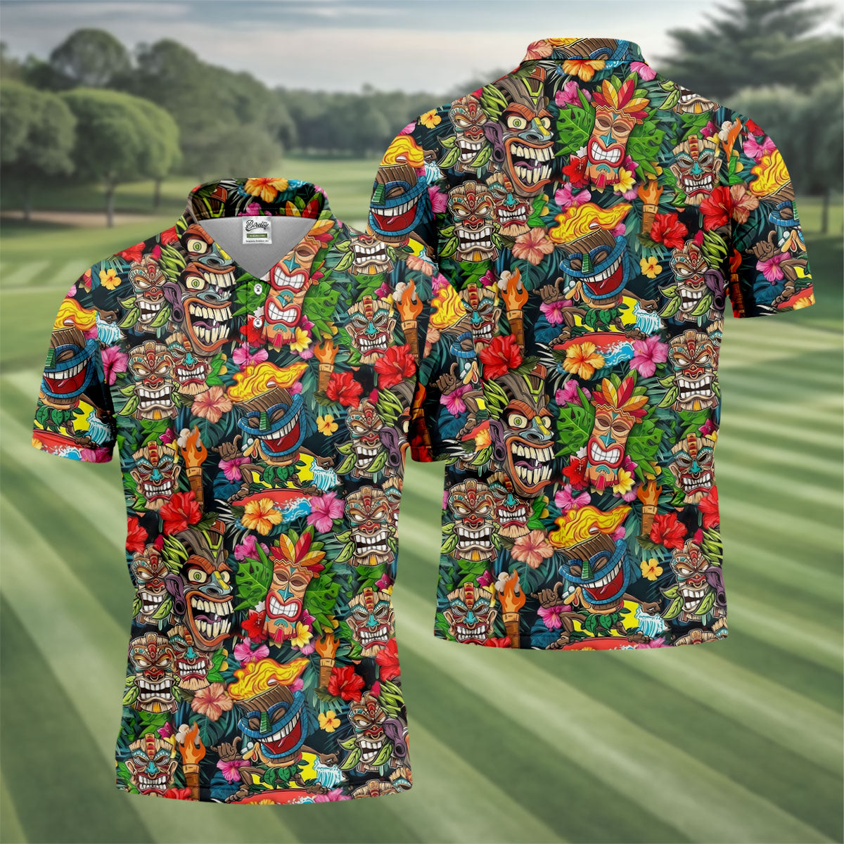 Hawaiian Tiki Tropical Floral Golf Shirts For Men, Polo ShirtFor Men, Golfing Apparel