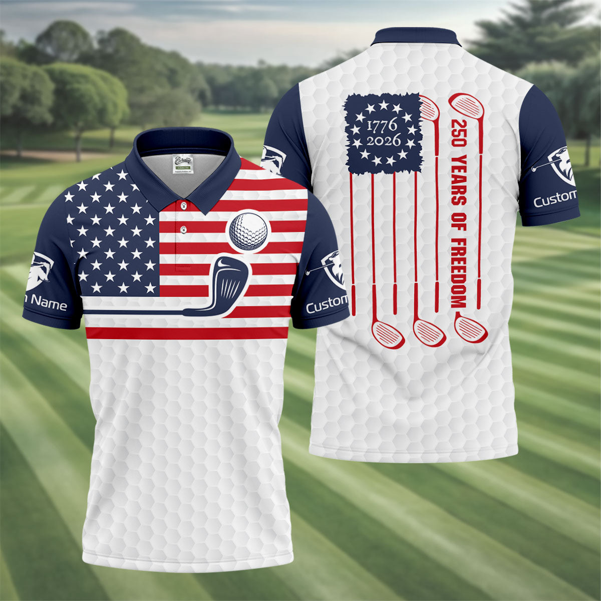 250 Years Of Freedom Golf Ball Pattern Golf Tops For Men, Patriotic 4th Of July Golf Shirts For Men