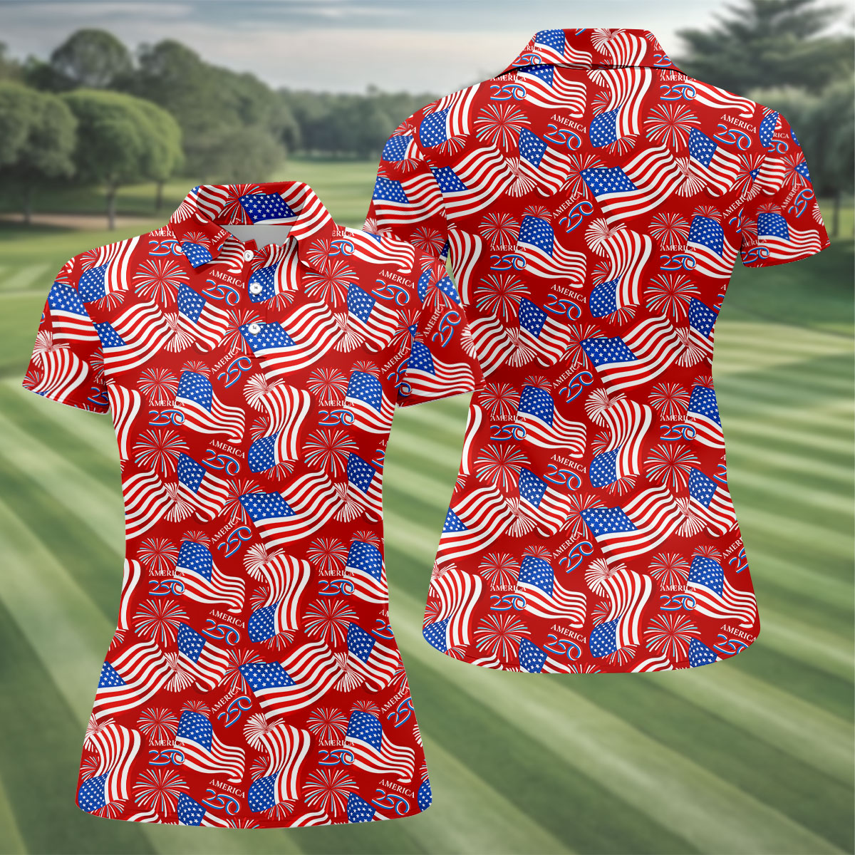 America 250 Anniversary Patriot Flag Red Golf Shirt, Women's Golf Tops, Ladies Golf Shirt