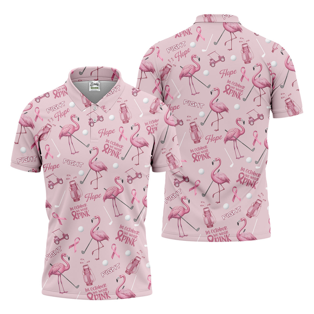 Funny Flamingo Pink Ribbon Men's Polo ShirtBreast Cancer Awareness Shirt, Golf Shirts For Men