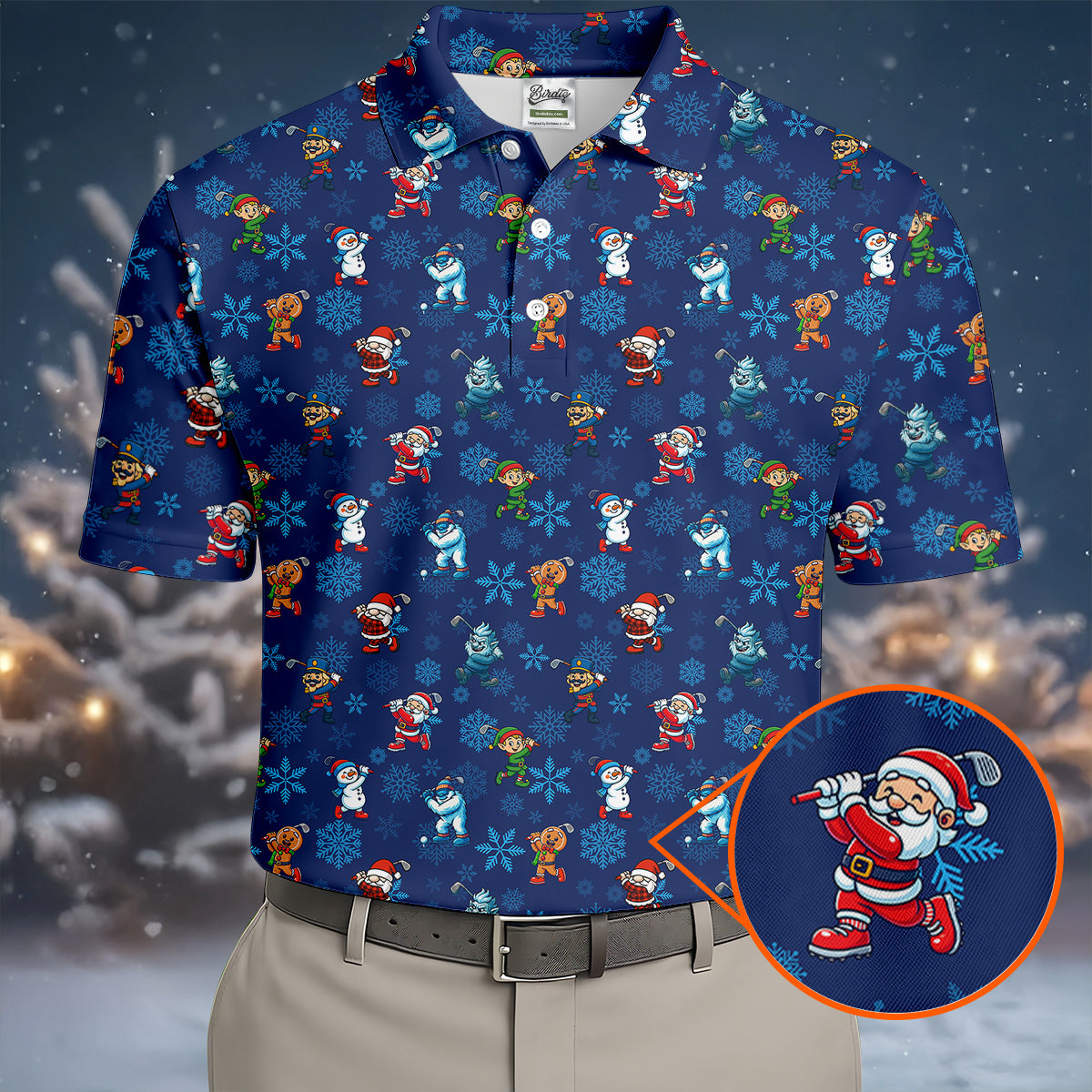 Funny Christmas Characters Golf Pose Navy Golf Shirt, Christmas Golf Shirt, Polo ShirtFor Men