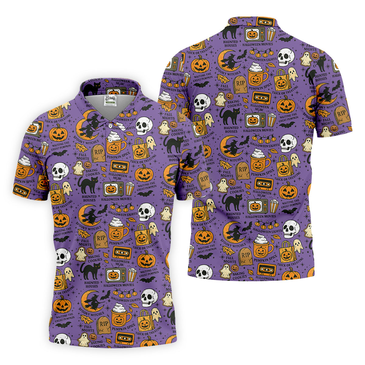Purple Halloween Skull Golf Shirt, Spooky Cat, Mens Golf Polo Shirt Halloween Theme Shirts, Golfing Apparel