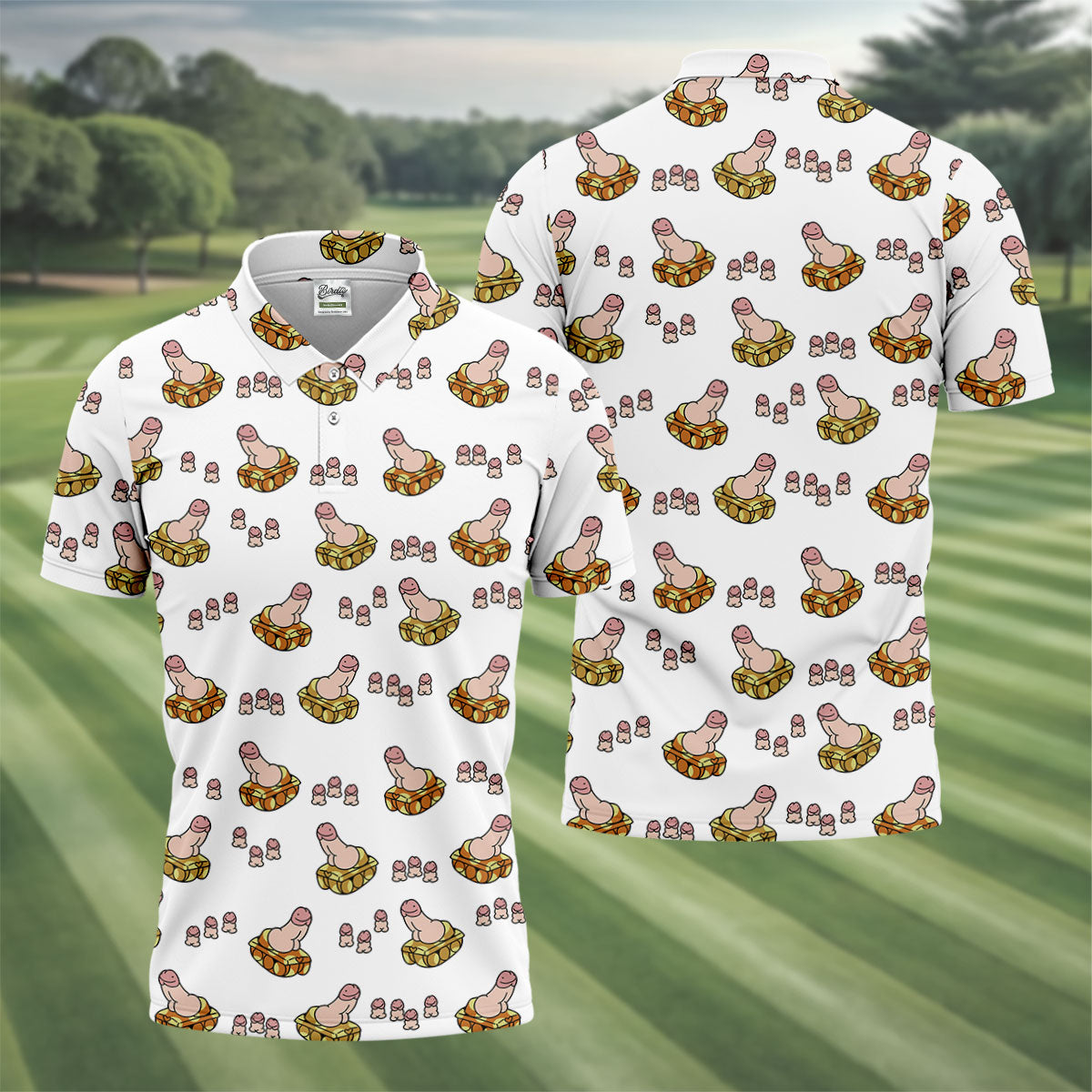 White Funny Adult Novelty Tank Pattern Golf Shirt, Golf Shirts For Men, Printed Golf Shirts