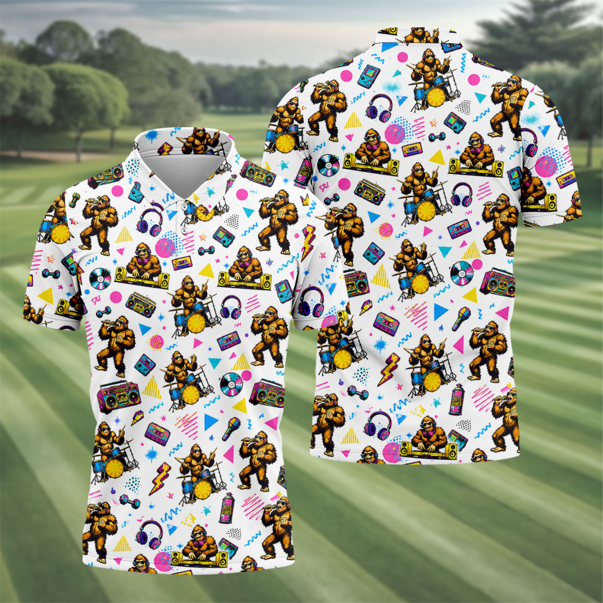 Bigfoot Party Memphis Pattern Retro Golf Shirt, Hawaiian Golf Shirt, Polo Shirtor Men