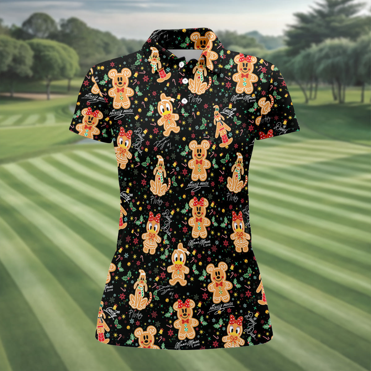 Cute Gingerbread Classic Cartoon Characters Christmas Golf Shirt, Black Golf Shirt, Women's Golf Tops