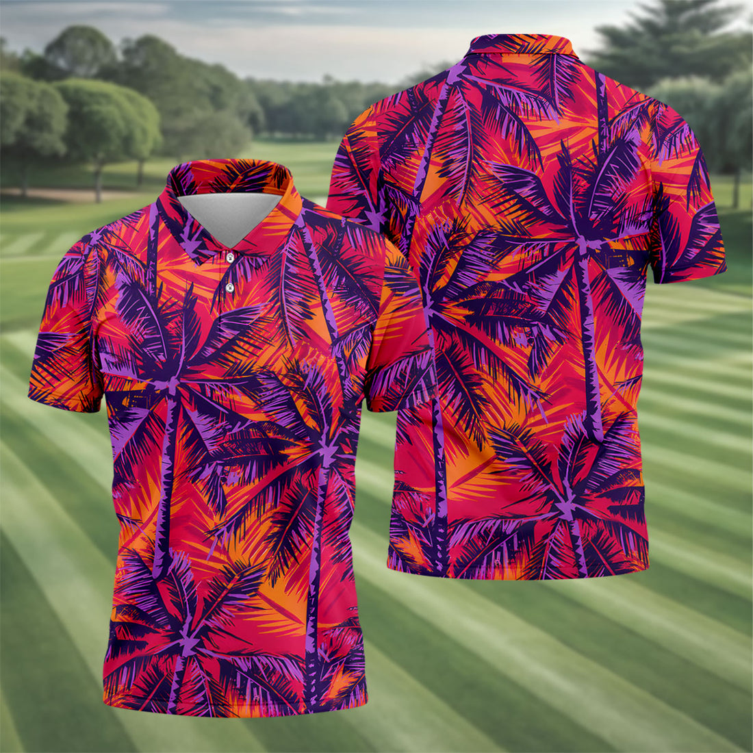 Purple Palm Tree Tropical Island Golf Shirt, Mens Golf Polo, Printed Golf Shirts