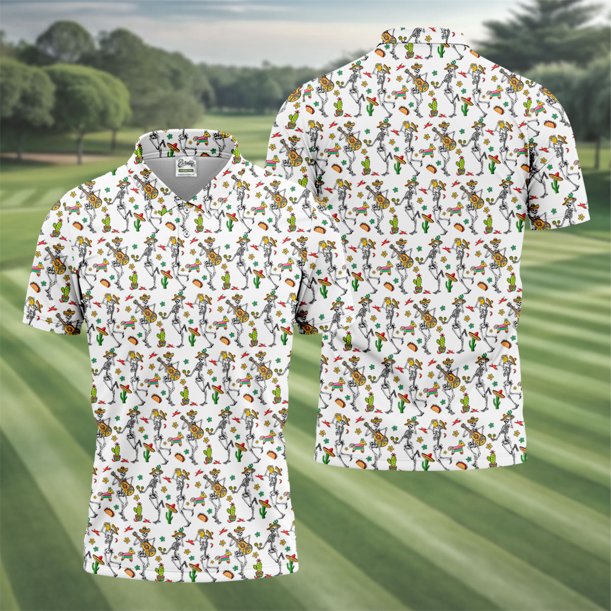 Dia De Muertos Skeletons Cinco De Mayo Celebration Fiesta Themed White Golf Shirts For Men