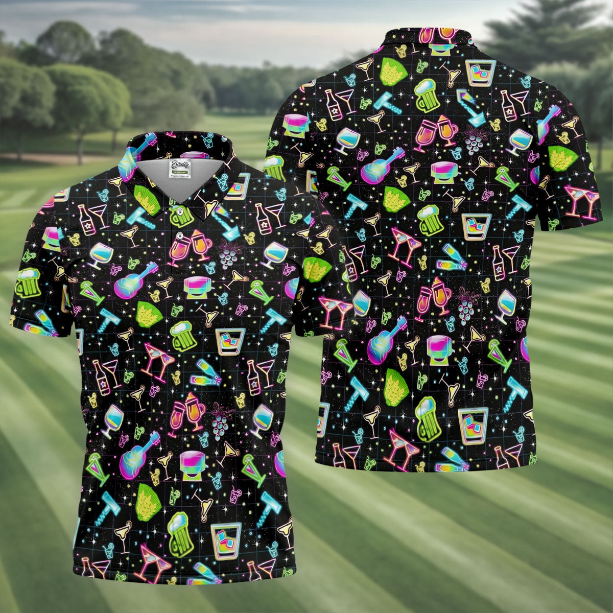 Neon Cocktail Party Pattern Design Hawaiian Golf Shirt, Golf Shirts For Men, Polo Shirts For Men