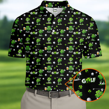 Three Leaf Clover Golf And Beer St Patrick's Day Black Golf Shirt, Fun Golf Shirts For Men, Polo ShirtFor Men