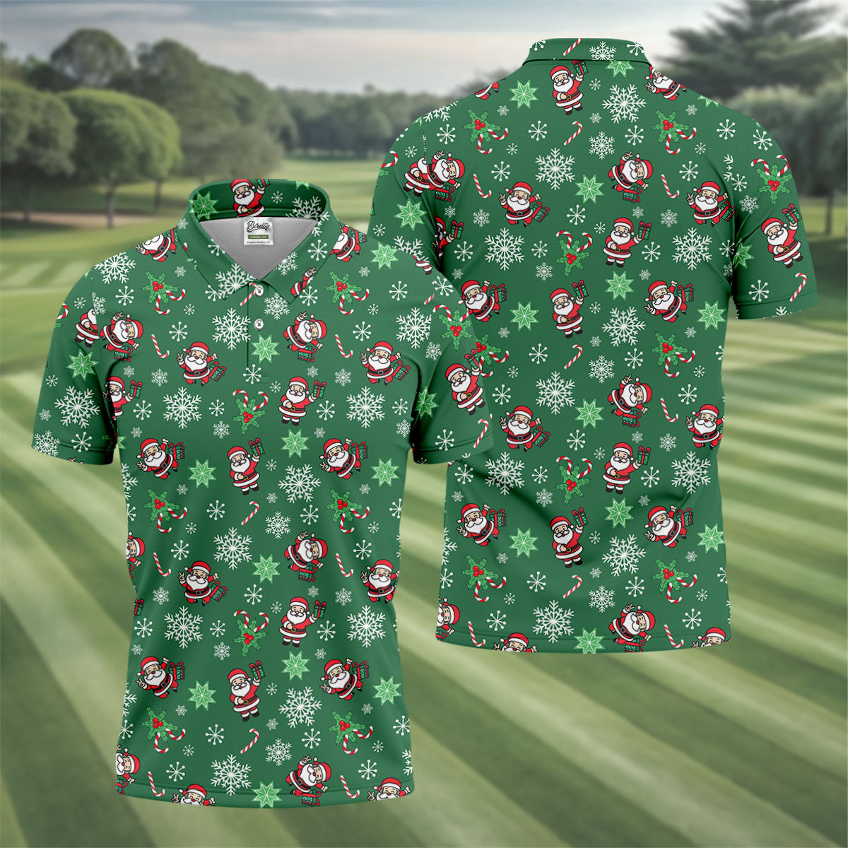 Santa Claus Pattern Christmas Green Golf Tops For Men, Christmas Golf Shirt, Polo ShirtFor Men