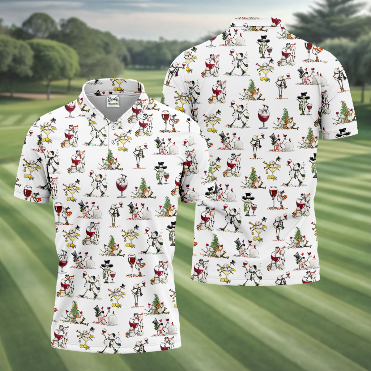 Funny Snowman Drinking Wine White Golf Shirt, Christmas Golf Shirt, Polo ShirtFor Men, Golf Gift For Men