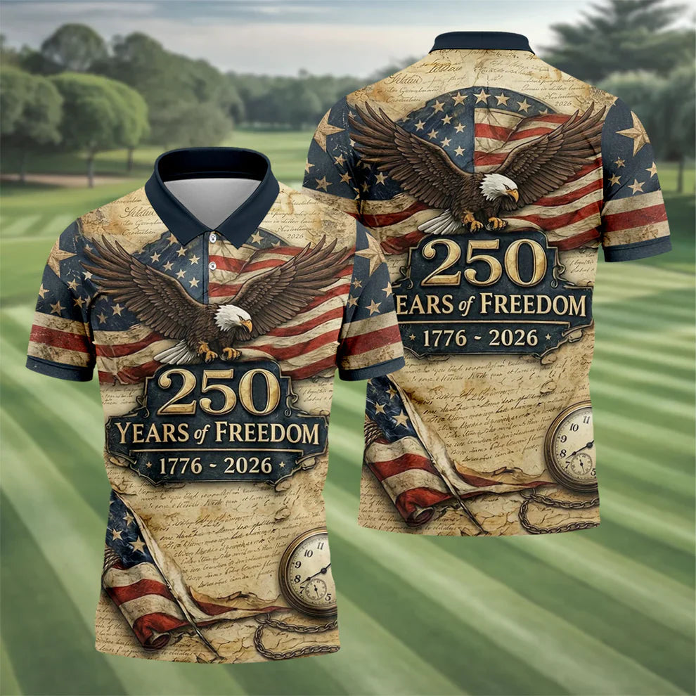 250 Years Of Freedom US Bald Eagle Retro Golf Shirt, Patriotic 4th Of July Golf Shirts For Men