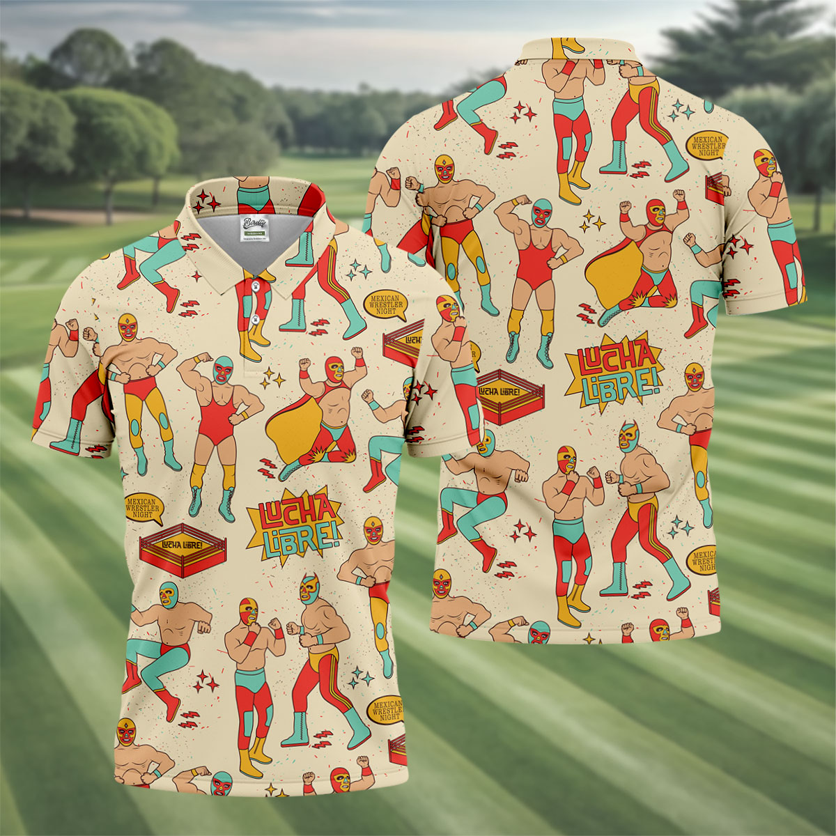 Beige Lucha Libre Mexican Wrestler Pattern Golf Shirt, Mens Golf Polo, Printed Golf Shirts