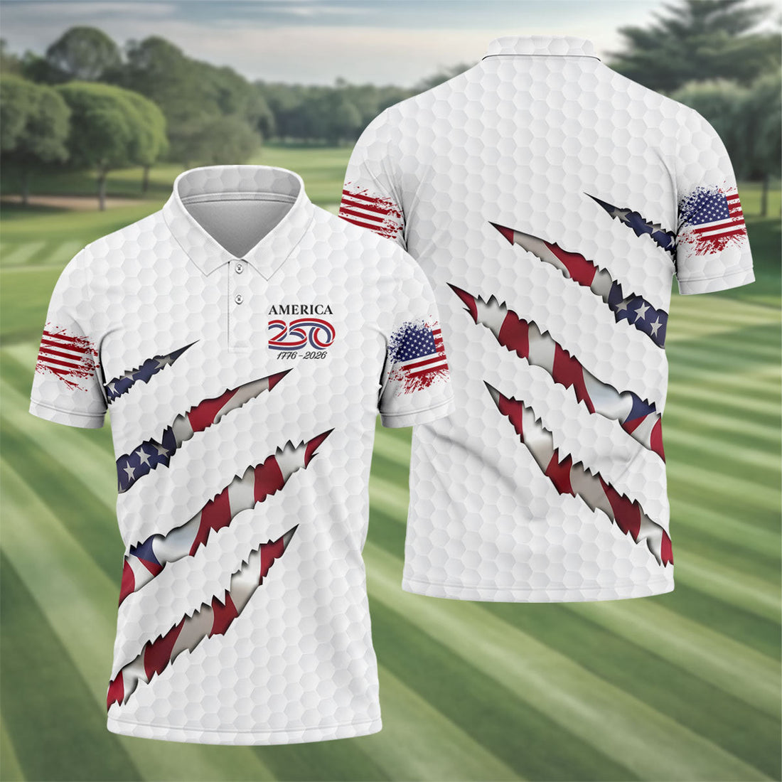 America 250 1776-2026 Scratched Flag Golf Ball Pattern White Golf Shirt, Patriotic 4th Of July Golf Shirts For Men