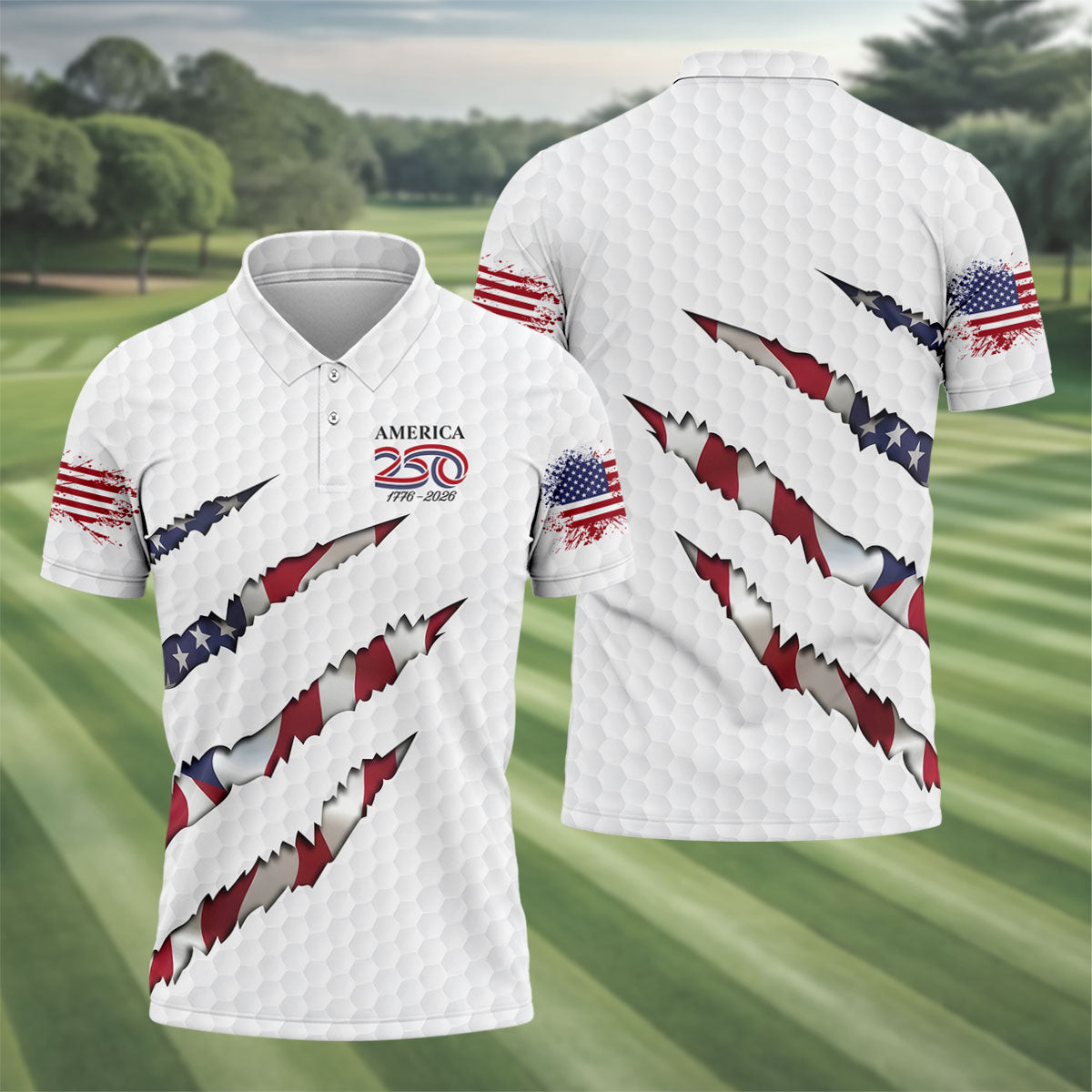 America 250 1776-2026 Scratched Flag Golf Ball Pattern White Golf Shirt, Patriotic 4th Of July Golf Shirts For Men