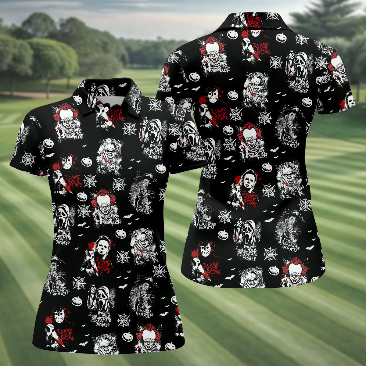 Funny Horror Character Women's Golf Polo ShirtScary Movie Shirt, Fun Golf Polo ShirtFunny Halloween Gift