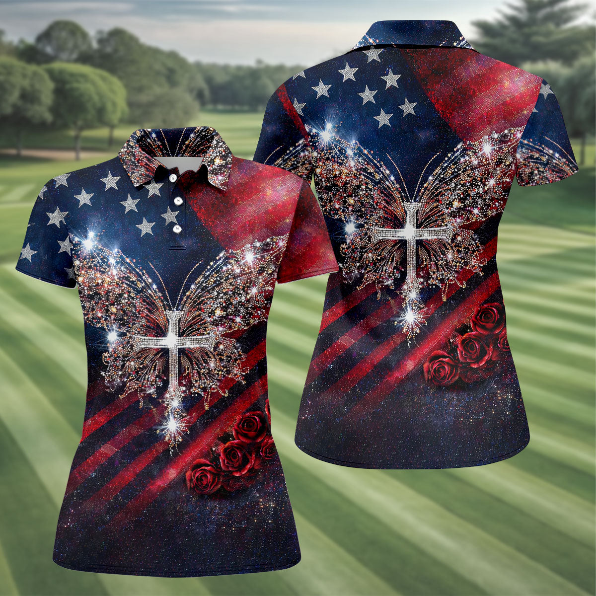 Faith Cross Shimmering Butterfly 250th Anniversary Ladies Golf Tops, Patriotic 4th Of July Golf Shirt For Women