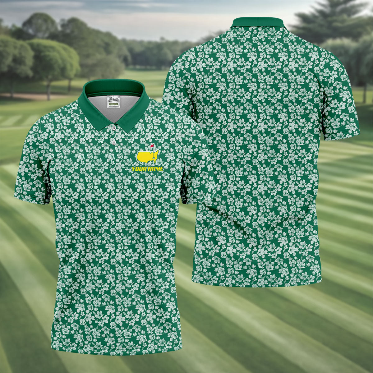 Floral Silhouette Green And White Golf Tops For Men, Golf Shirts For Men, Polo ShirtFor Men
